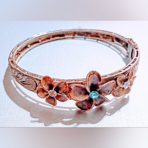 Vintage Flower Design Pattern Sterling Silver 9.25 Bangle Size 7 inch Bracelet. - Picture 8 of 11